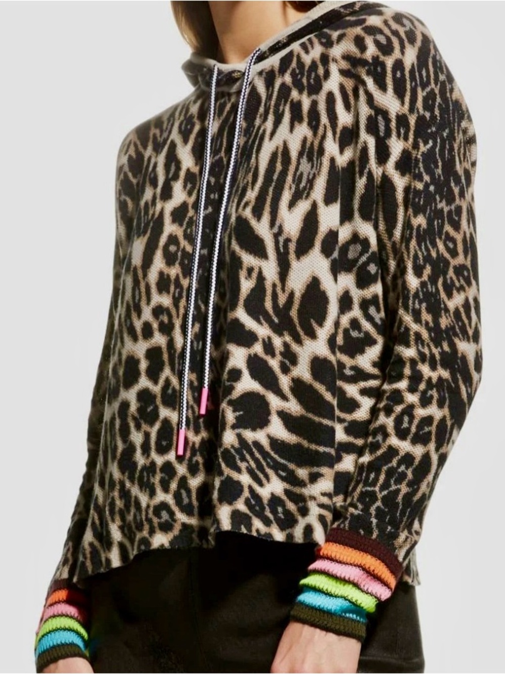 Lisa Todd, Lightweight Leopard Print Hooded Pullover Sweater w Multicolor Cuff M